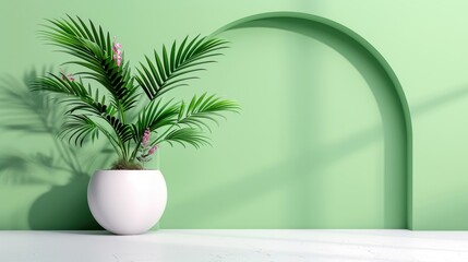 Obraz premium Elegant green indoor potted plant against a pastel green arch background. Minimalistic and modern home decor concept.