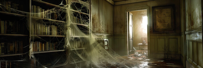 Forgotten Corner: A neglected bookcase, its worn spines peeking out from behind layers of cobwebs, stands lonely in a dimly lit hallway.