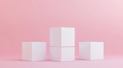 Three white blank cube podiums set against a soft pink pastel background. Ideal for showcasing products in a minimalistic, 3D rendering style.