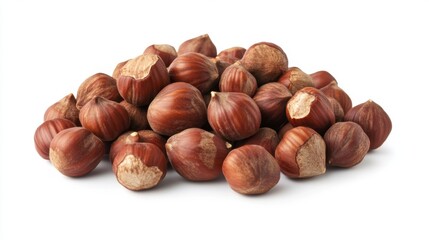 Fototapeta premium Hazelnuts isolated on a white background. Pile of Hazelnuts nuts closeup