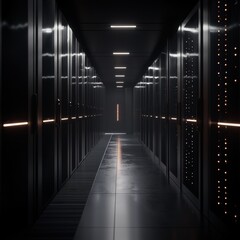 Futuristic Data Center Corridor with Illuminated Server Racks