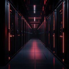 Futuristic Data Center Corridor with Illuminated Server Racks