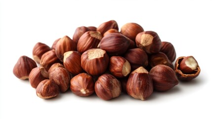 Obraz premium Hazelnuts isolated on a white background. Pile of Hazelnuts nuts closeup