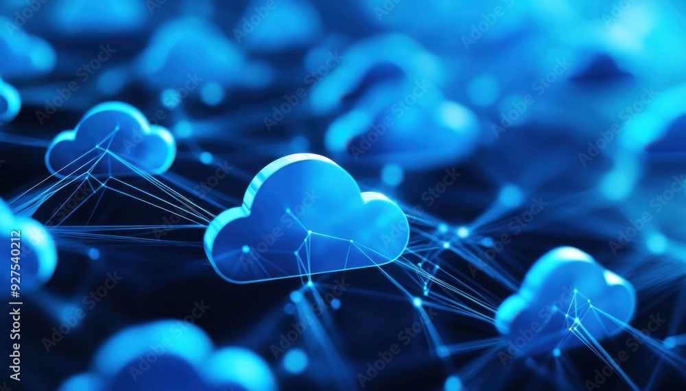 Poster stylized blue cloud network illustration representing data storage and connectivity in modern digita