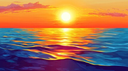 Obraz premium Vector art of a tranquil sunset with bright warm colors reflecting on the gentle waves of the sea. Perfect for depicting the serene and picturesque beauty of an evening or morning seascape.