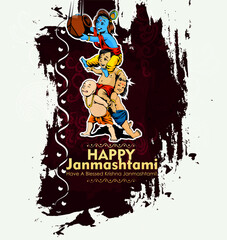 Celebrating happy Janmashtami festival of India with llustration of Lord Krishna playing bansuri (flute) and dahi handi competition with text in Hindi meaning 'Krishan Janmashtami'- vector background