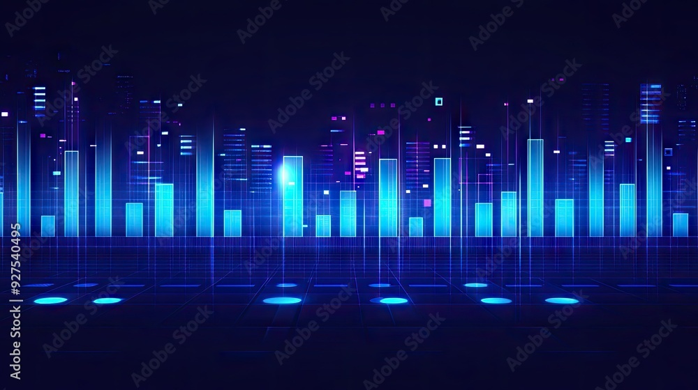 Poster vector illustration of a blue music equalizer with interactive bars and vibrant wave patterns. sleek