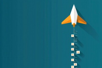 Paper plane flying from one blockchain node to another, data blocks trailing behind, flat design illustration
