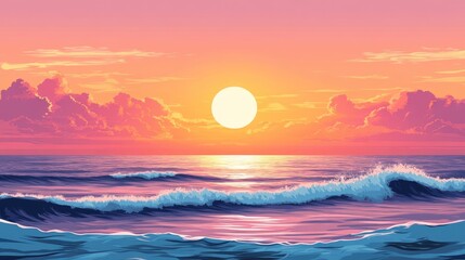 Fototapeta premium Vector illustration of a stunning summer sunrise or sunset with calm ocean waves and bright warm tones. Captures the peaceful and artistic essence of a coastal seascape.