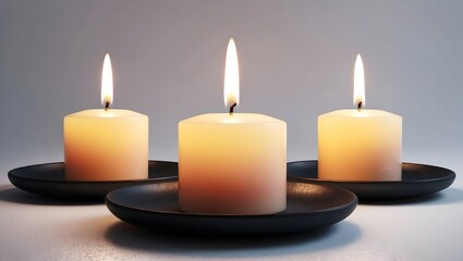 Three candles on black plate, Candles burning on white background, Candles on isolated background. 