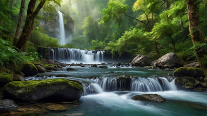 Obraz premium background view of a waterfall in the middle of a beautiful forest