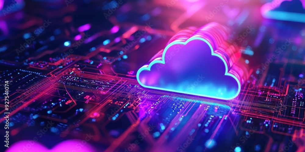 Poster vibrant digital cloud with glowing circuits, symbolizing data storage and modern technology. perfect
