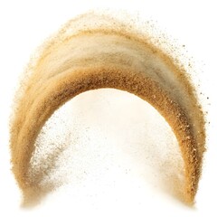 depicting sand flying in an arc shape on a white