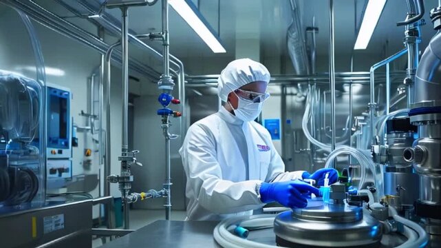 A scientist in a lab coat and blue gloves works on a stainless steel machine in a sterile lab environment, surrounded by pipes and machinery.