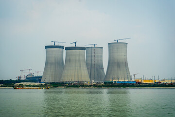 Cooling towers of Ruppur Nuclear power Plant, Bangladesh. View from the river.