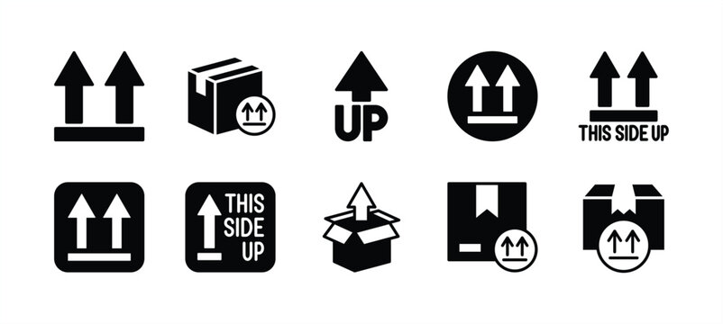 This side up flat icon vector set. This side up or way up label on package, parcel, packet. Containing up arrow stamp or sticker, cardboard box instruction or warning sign and symbol for delivery