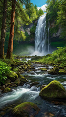 Fototapeta premium background view of a waterfall in the middle of a beautiful forest