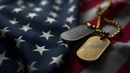 Close-up of two military dog tags on a rippling American flag, symbolizing honor and sacrifice