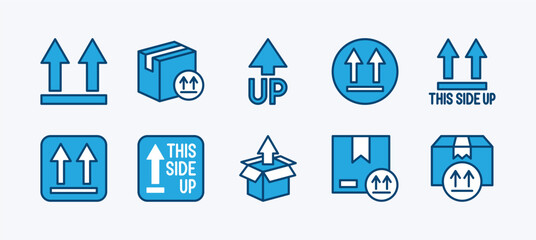 Set of this side up icon vector. This side up or way up label on package, parcel, packet. Containing up arrow stamp or sticker, cardboard box instruction or warning sign and symbol for delivery