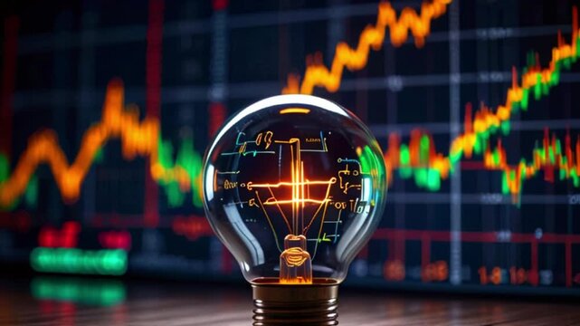 A lightbulb sits in front of a screen displaying a stock market graph, symbolizing the idea and innovation needed for financial success.