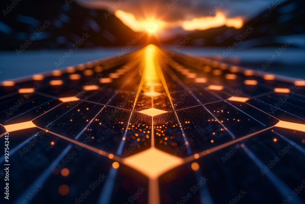 Poster ** .futuristic solar panel array at sunset with glowing lights and mountainous background..**