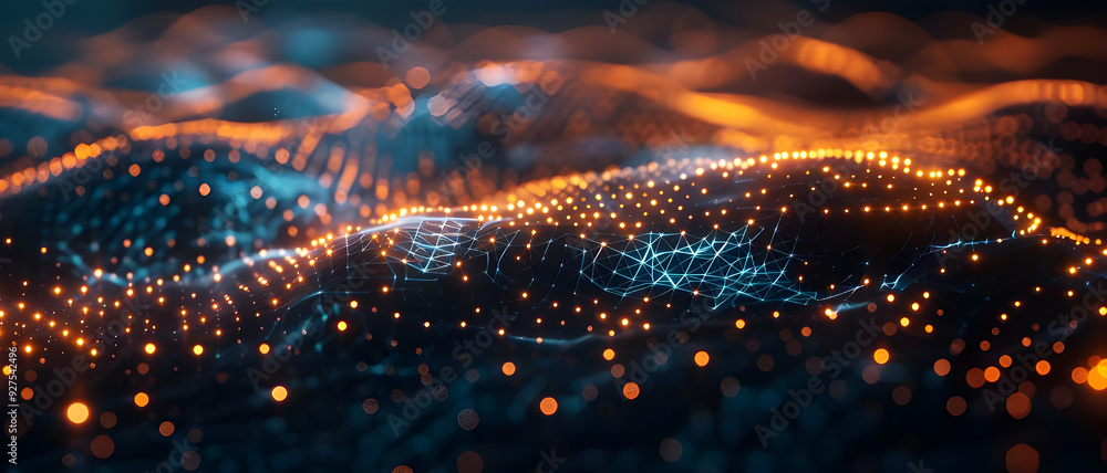 Leinwandbilder Abstract visualization of a digital network with glowing nodes, representing data flow, connectivity, and futuristic technology concepts.