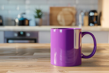 A vibrant purple mug sits on a wooden countertop, creating a cozy atmosphere in a modern kitchen with soft natural light.