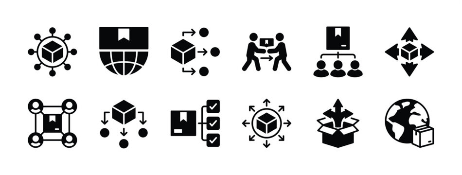 Package delivery distribution flat icon set. Global shipping connection network business, shipment process management. Containing hierarchy, structure, mechanism, procedure. Vector illustration