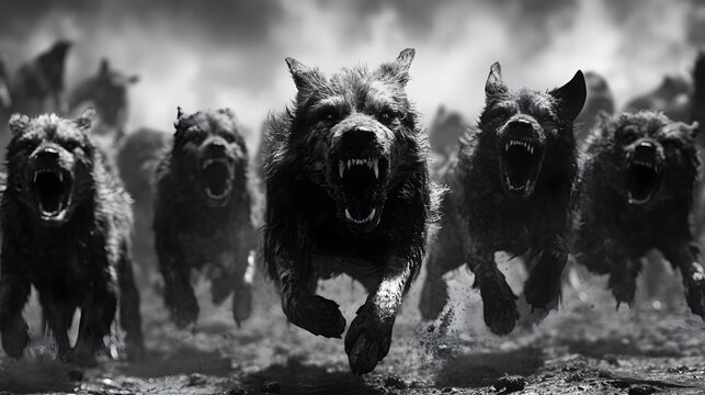 Snarling Pack of Zombie Dogs Charging in Gritty Black and White Photograph