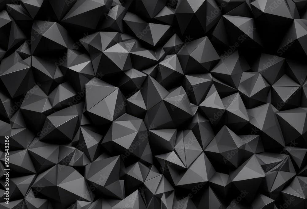 Poster abstract black 3d shapes with sharp angles, forming a complex and textured pattern.