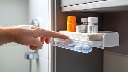 Hand Reaching for Organized Shelf of Household Medicines and Cosmetics