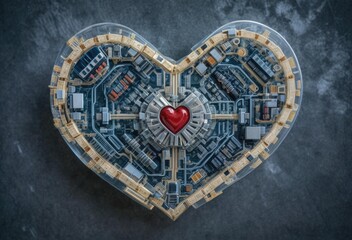 Obraz premium A heart-shaped structure made from intricate electronic components, symbolizing technology and emotion.