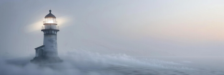 Obraz premium Lonely Lighthouse: A desolate lighthouse, its light barely visible through the mist, guiding nothing but the memories.