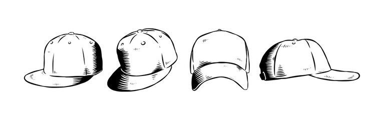 Set Hand drawn vintage engraving of baseball cap, trucker hat. Isolated on white background. Vector illustration.