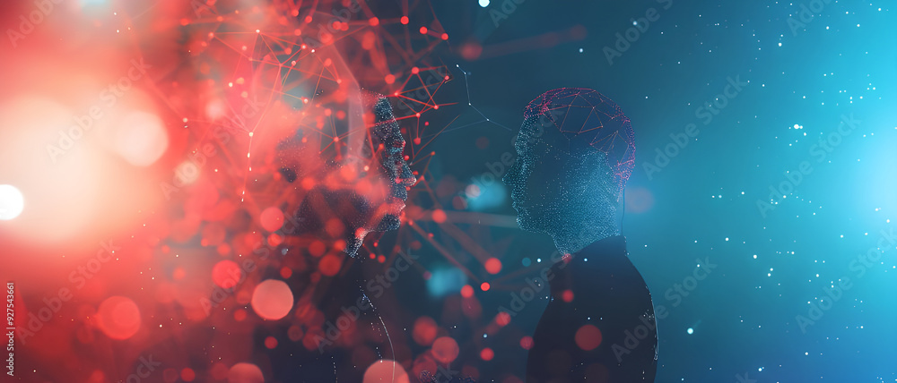 Poster an abstract representation of a human head connected to a digital network, symbolizing technology, c