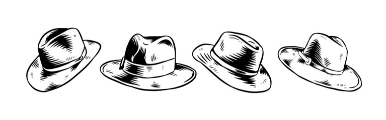 Set Hand drawn vintage engraving of fedora hat, panama. Isolated on white background. Vector illustration.