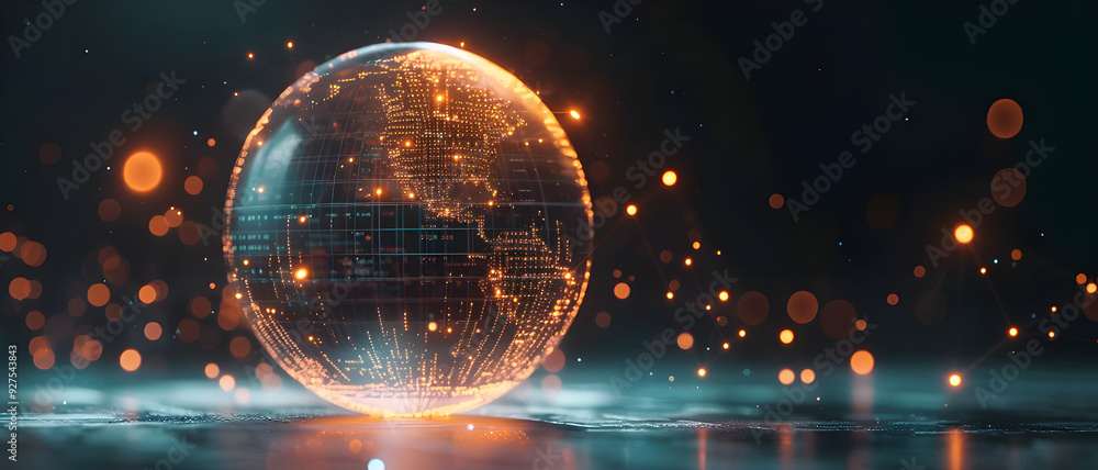 Aufkleber A glowing digital globe with illuminated data points representing global connections and networks, set against a dark, futuristic background.