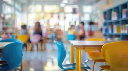 Close up of children's school chairs in the background of a blurry classroom with colorful tables and bookshelves