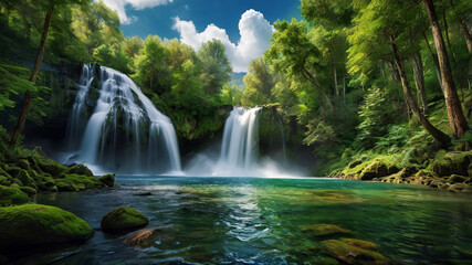 Obraz premium background view of a waterfall in the middle of a beautiful forest
