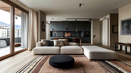 Fototapeta premium Cozy and Luxurious Modern Living Room with Panoramic Mountain View