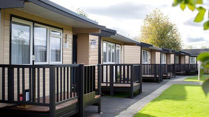 Fototapeta premium Exterior Perspective of Temporary Housing Complex Emphasizing Community and Support for Short-Term Residents