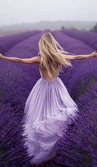 Woman in flowing lilac coloured dress joyfully runs through a vibrant lavender field with arms outstretched, embracing nature.

