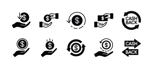 Cash back icon vector set. Containing change money, rotation arrow sign symbol, refund, convert, deposit coin, purchase transaction, exchange, income, payment, revenue, receive, repay, pay off