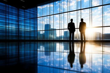 Two silhouetted businesspeople talk in a modern high-rise office with a city skyline and sunset in the background.