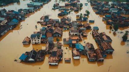 Aerial View of Flooded Village with Rooftops Emerging from Water