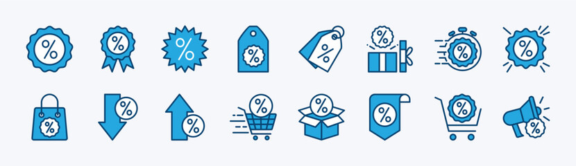 Set of discount icon vector. Containing up and down percentage, label, price tag, coupon, special promo, promotion, fast offer, sale product, sell, sticker, badge, shopping tag, cart, pricing