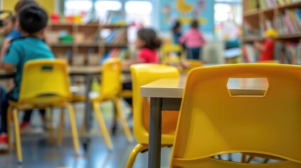 Close up of children's school chairs in the background of a blurry classroom with colorful tables and bookshelves