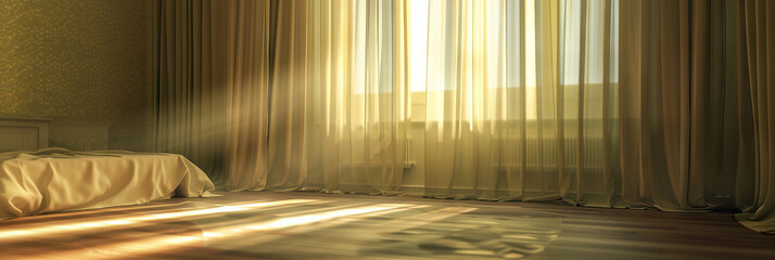 Vacant Room: An empty bedroom, with a single ray of sunlight streaming through the closed curtains.