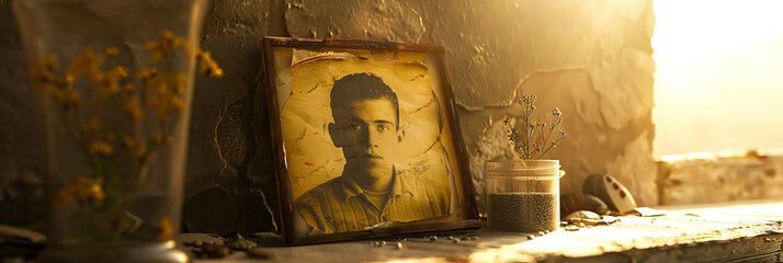 Faded Photograph: A yellowed, tattered photo on a dusty shelf, showing someone long gone.