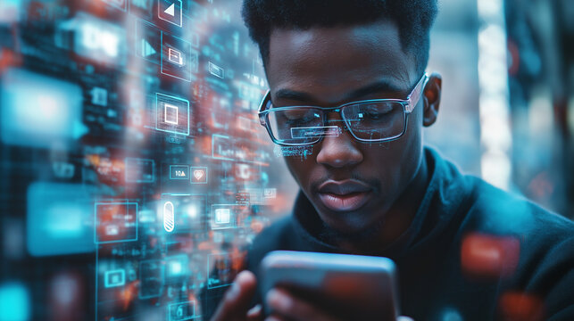 Portrait of Black Man Using Smartphone in Metaverse With Animated Stream Of Interfaces With Social Media, e-Commerce Shopping, Internet Influencers And Games. Visualization Of Web Network.